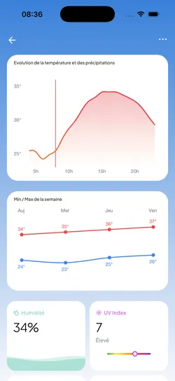 Graphique interactif des prévisions heure par heure dans Lyn Météo
