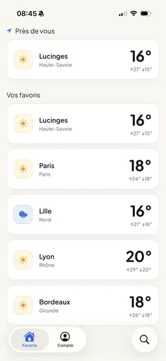 Écran Favoris de Lyn Météo avec plusieurs communes